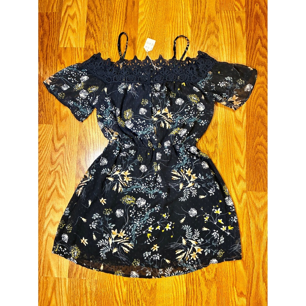 Krazy Kat Floral Cold Shoulder Mini Dress Cottagecore Lace Trim Medium Black